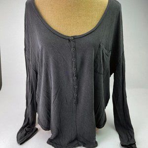 Free People We The Free S Soft Black Henley Scoop Neck Top w/ Unfinished Hem